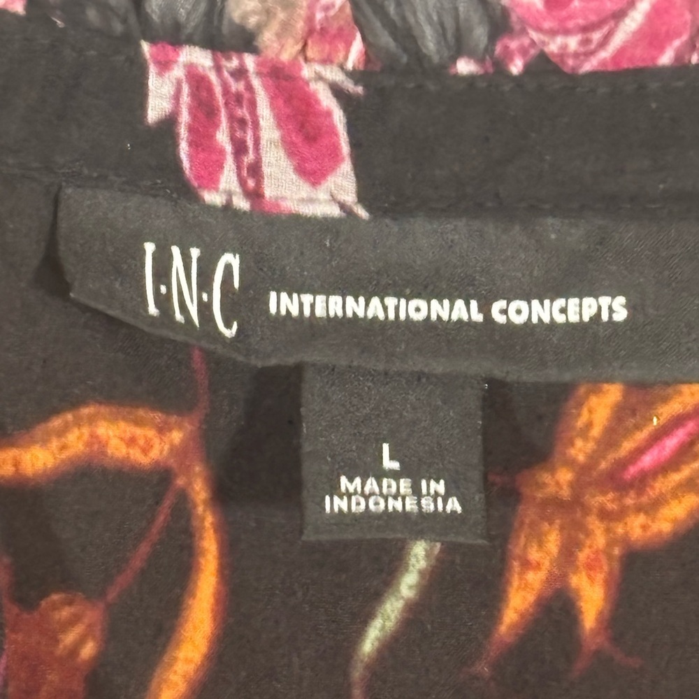 INC Black Pink Floral Sheer Long Sleeve Peasant Blouse Size L - Picture 3 of 10